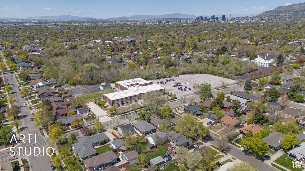 Drone / aerial view with a mountain view