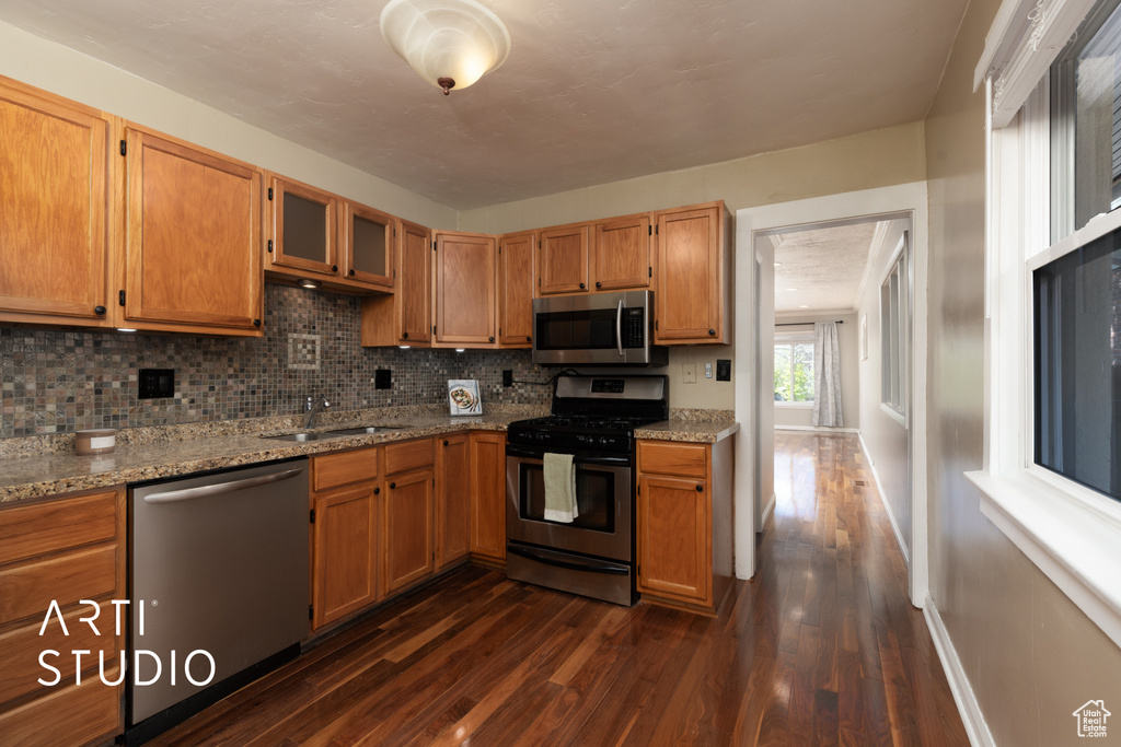 Kitchen with stainless steel appliances, tasteful backsplash, dark wood-type flooring, and a sink