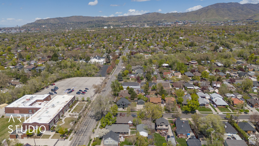 Drone / aerial view with a mountain view and a residential view