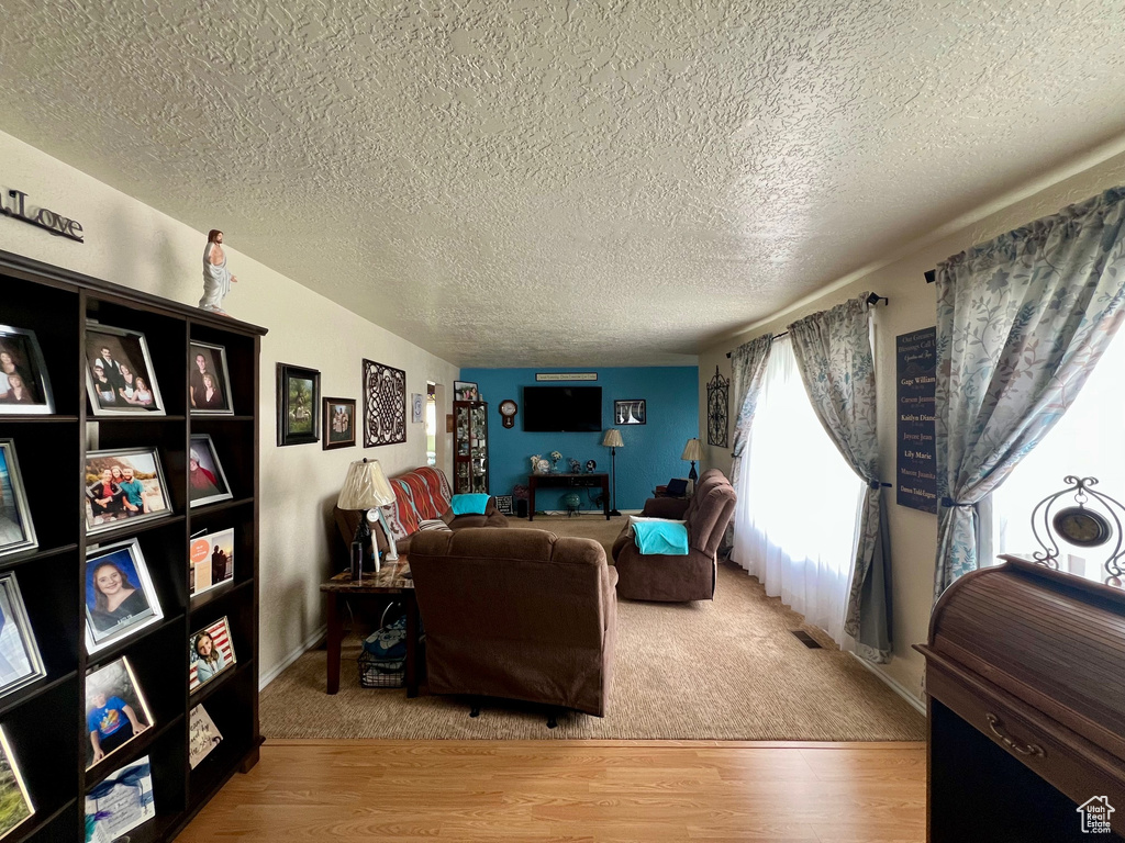 Living room featuring light carpet, light wood-style floors, visible vents, and a textured ceiling