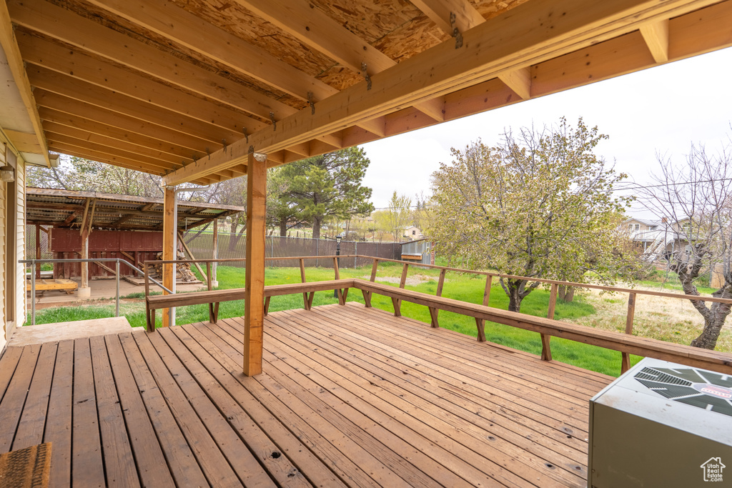 Wooden deck featuring a fenced backyard and a lawn