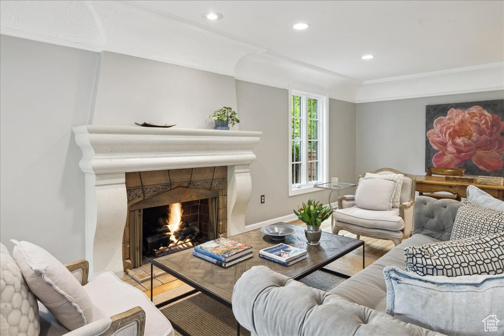 Living room with baseboards, a fireplace, recessed lighting, and wood finished floors