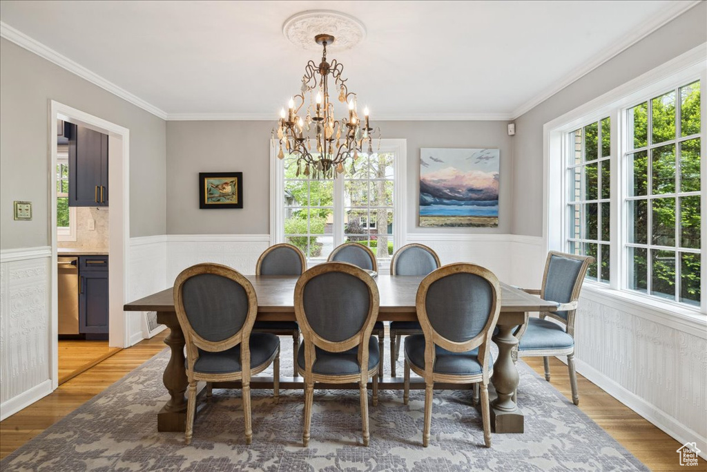 Dining area featuring wainscoting, a chandelier, and a wealth of natural light