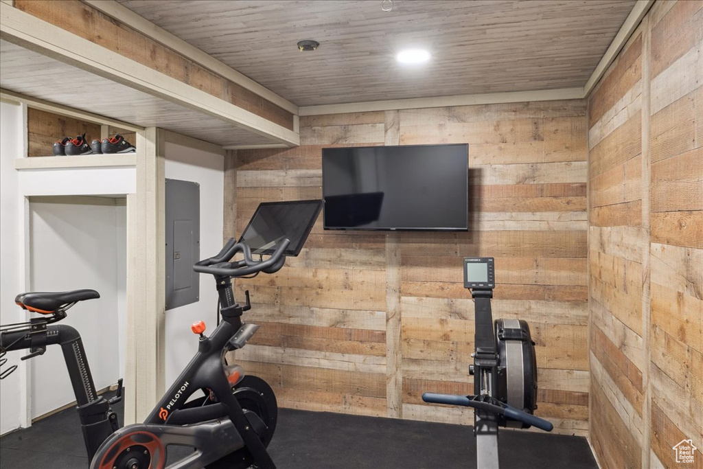 Workout area with electric panel and wood walls