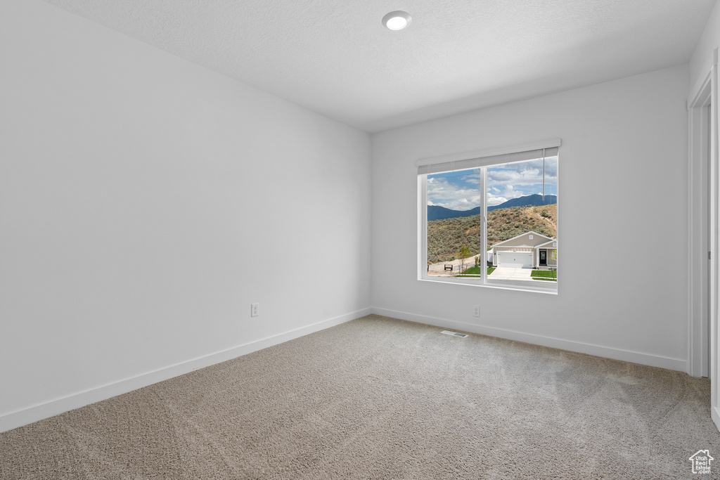 Spare room with baseboards, carpet flooring, and a mountain view