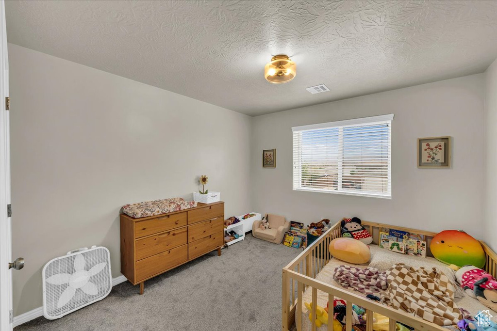 Carpeted bedroom with a textured ceiling, visible vents, and baseboards
