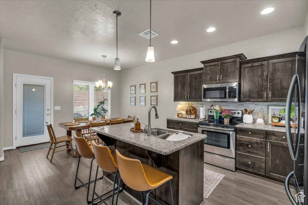Kitchen with visible vents, a sink, wood finished floors, stainless steel appliances, and tasteful backsplash