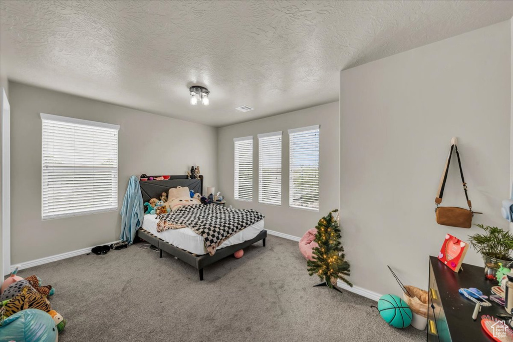 Carpeted bedroom with a textured ceiling and baseboards