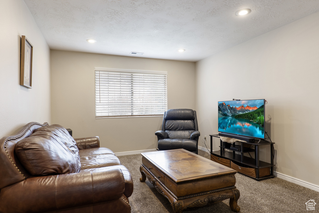Carpeted living room featuring baseboards, recessed lighting, and visible vents