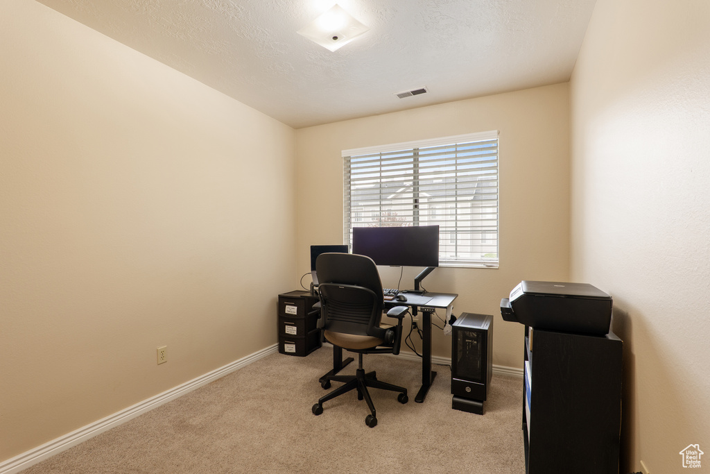 Office space featuring light colored carpet, visible vents, and baseboards