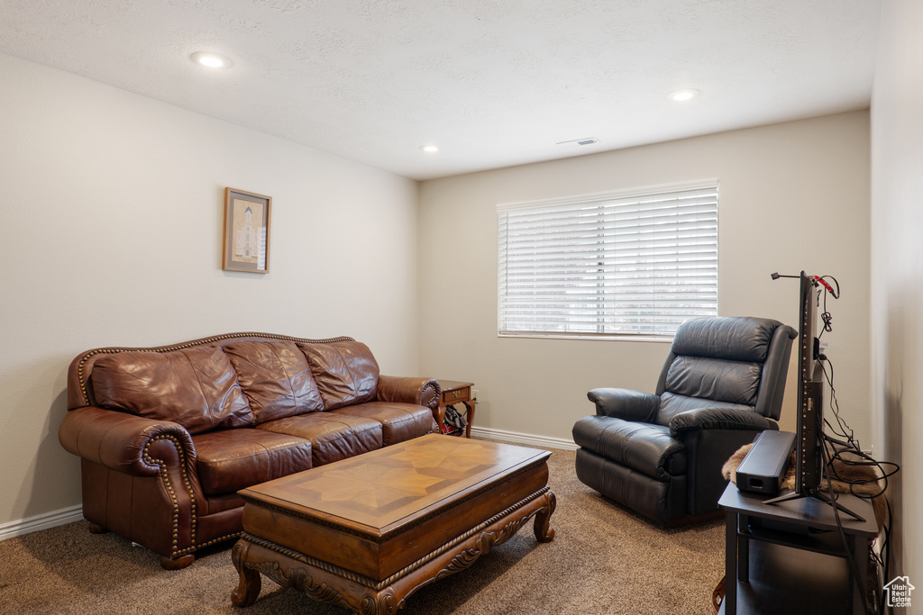 Living room featuring carpet, baseboards, visible vents, and recessed lighting