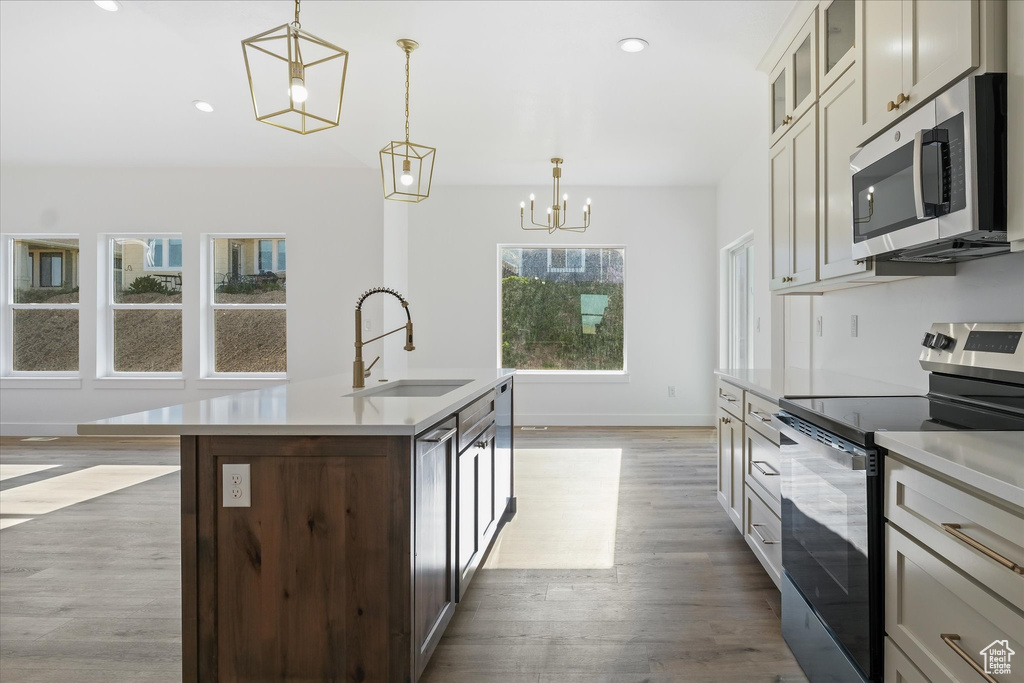 Kitchen featuring stainless steel appliances, an inviting chandelier, a sink, wood finished floors, and light countertops