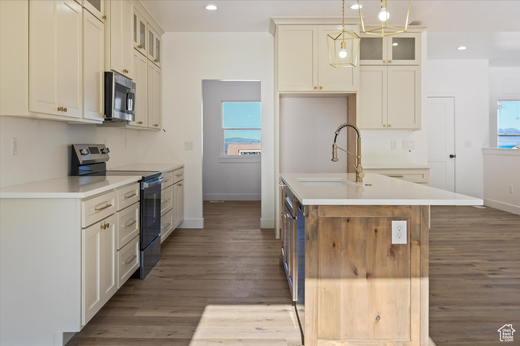Kitchen with a sink, stainless steel appliances, wood finished floors, a kitchen island with sink, and baseboards