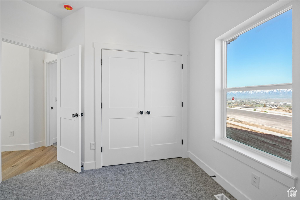 Unfurnished bedroom featuring carpet floors, baseboards, and a closet