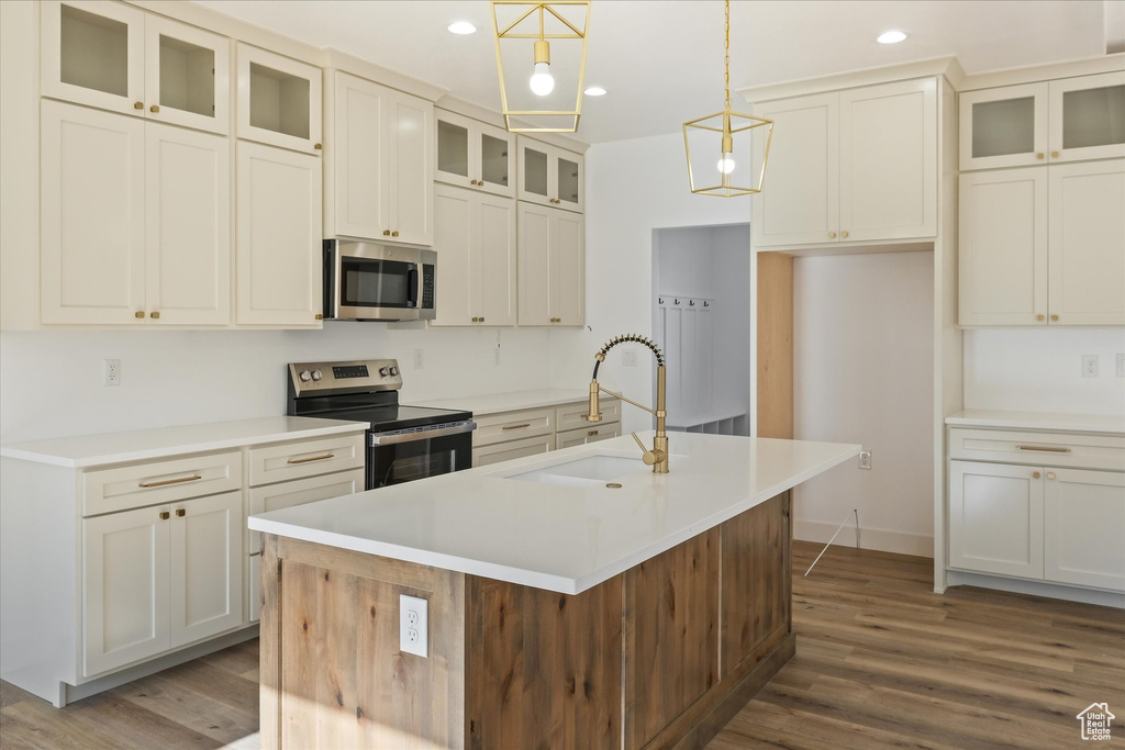 Kitchen with recessed lighting, a sink, wood finished floors, a kitchen island with sink, and appliances with stainless steel finishes