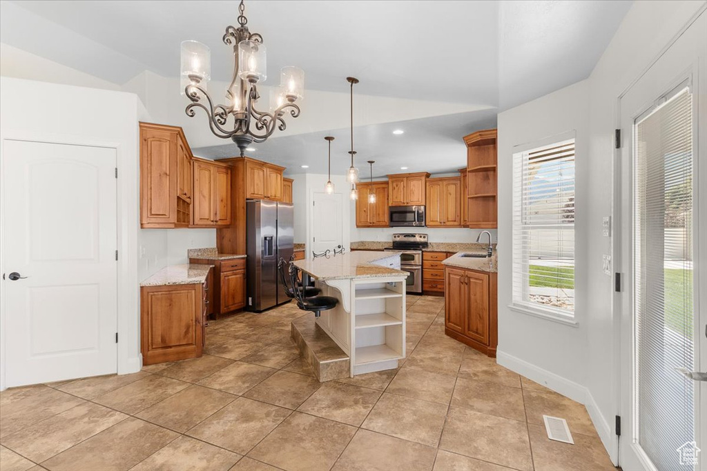 Kitchen with stainless steel appliances, open shelves, a sink, and vaulted ceiling