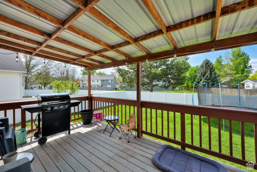 Deck featuring a residential view, a trampoline, area for grilling, a fenced backyard, and a yard