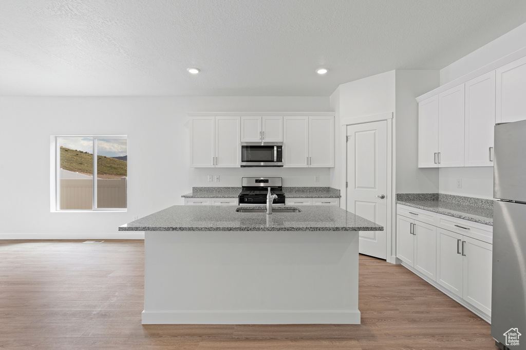 Kitchen with recessed lighting, a center island with sink, stainless steel appliances, and white cabinetry