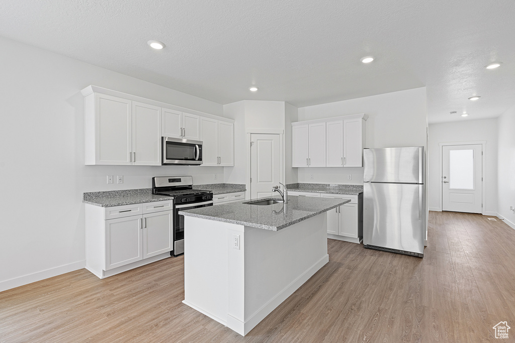 Kitchen featuring light wood finished floors, appliances with stainless steel finishes, white cabinets, and a sink