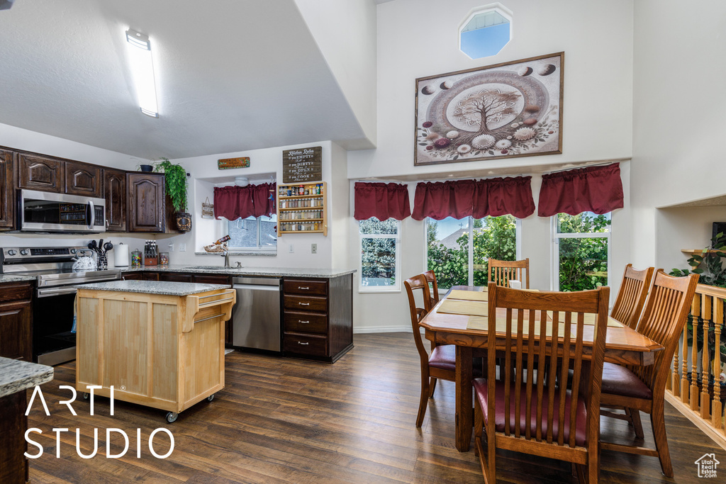 Kitchen featuring a sink, dark brown cabinetry, a kitchen island, stainless steel appliances, and dark wood-style floors