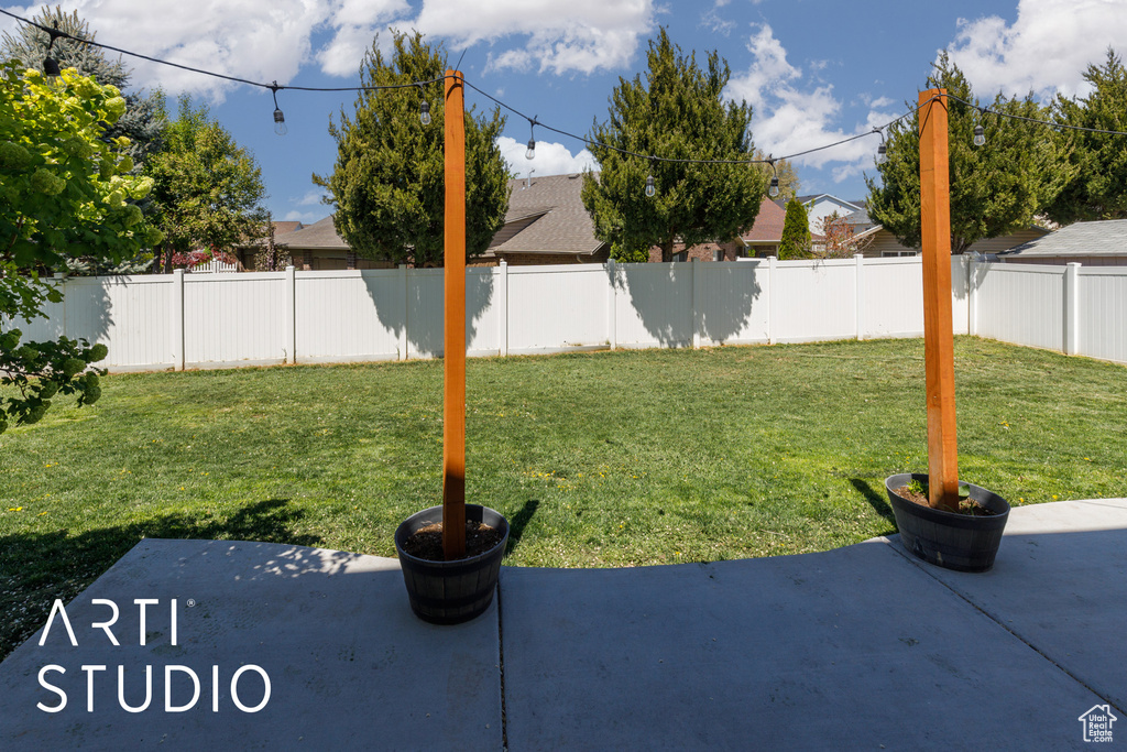 View of yard with a patio and a fenced backyard