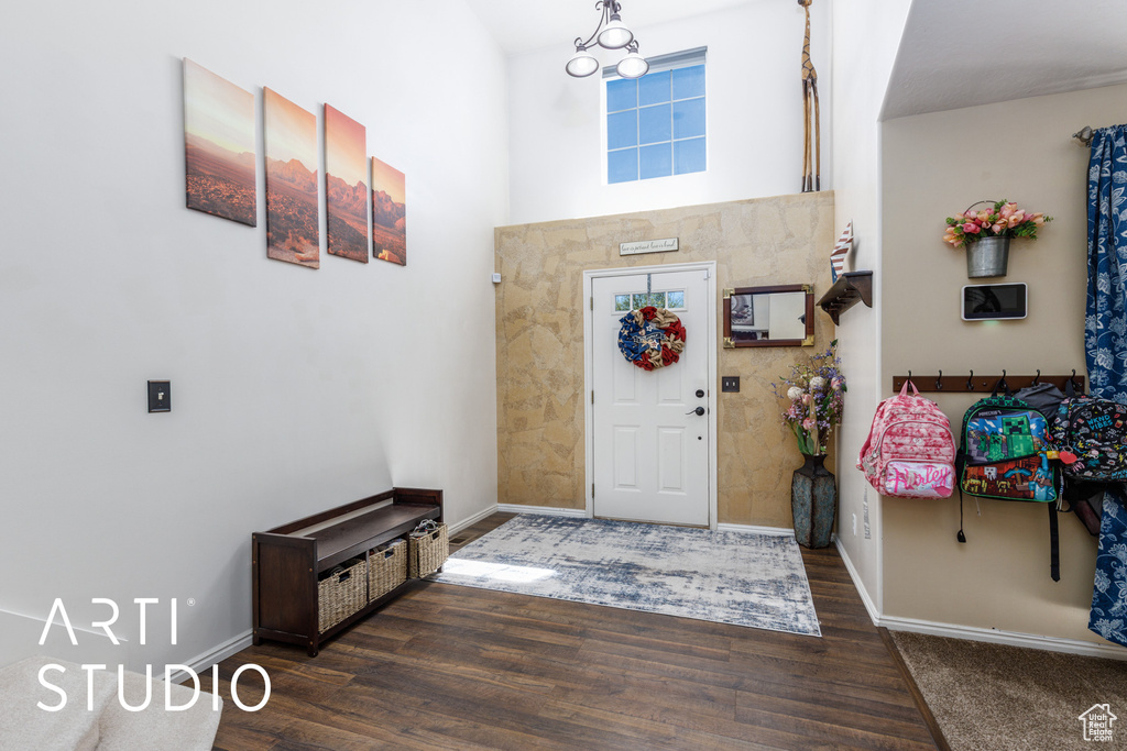 Entrance foyer with baseboards, a towering ceiling, and wood finished floors