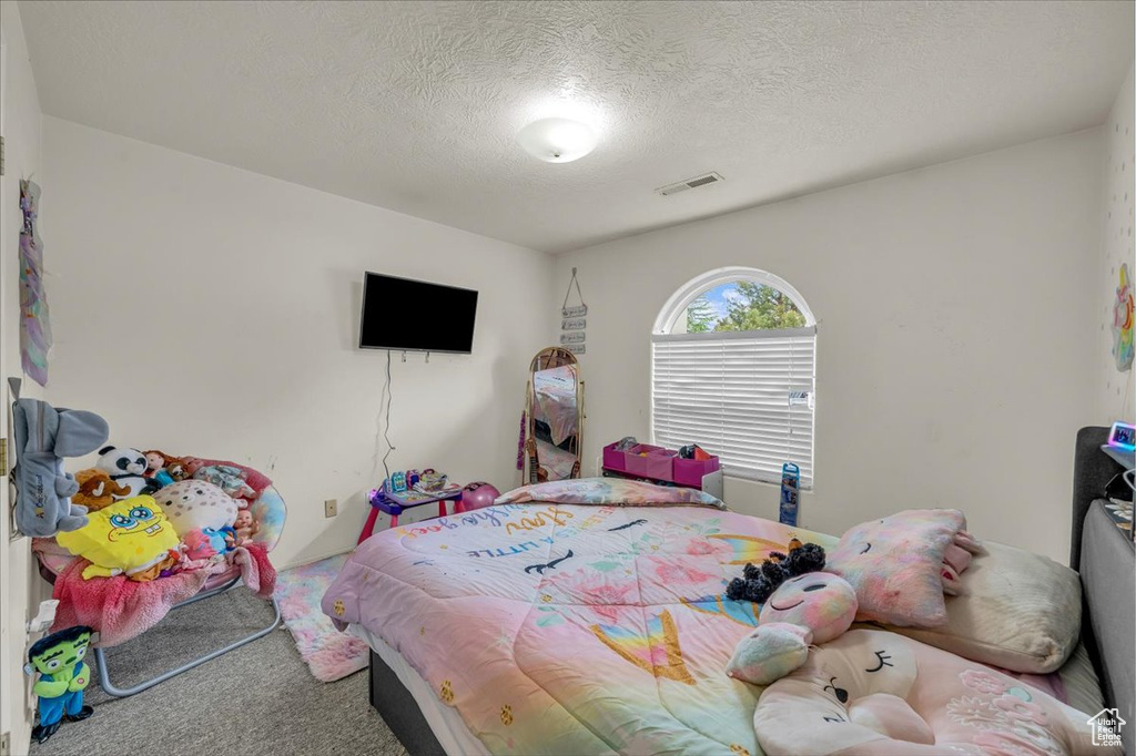 Carpeted bedroom with a textured ceiling and visible vents