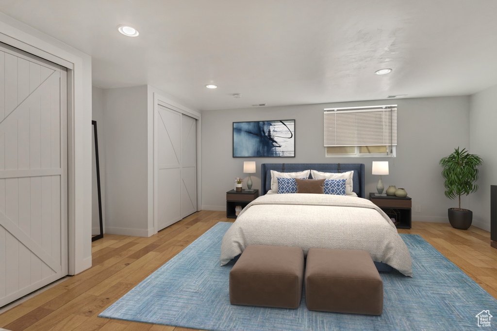 Bedroom with baseboards, a closet, light wood finished floors, and recessed lighting