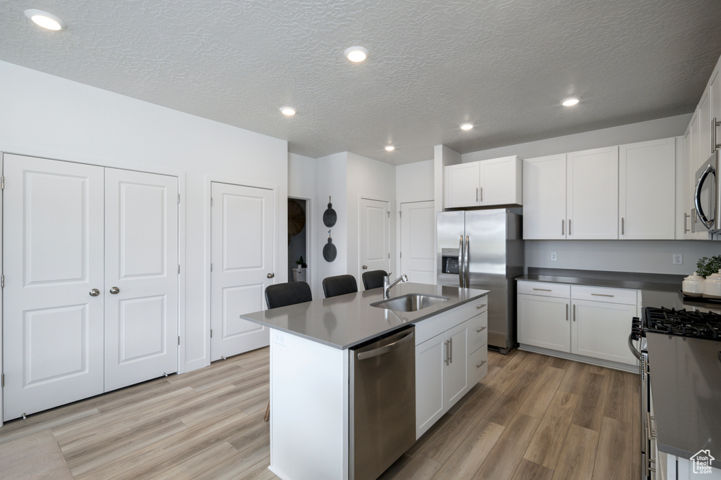 Kitchen with a sink, light wood-type flooring, an island with sink, and appliances with stainless steel finishes