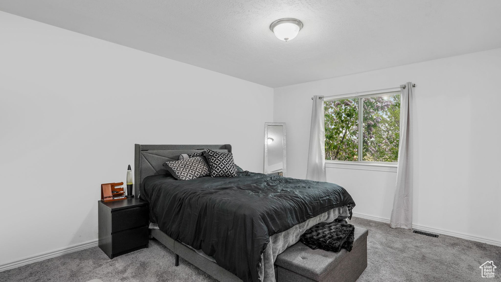 Carpeted bedroom featuring visible vents and baseboards