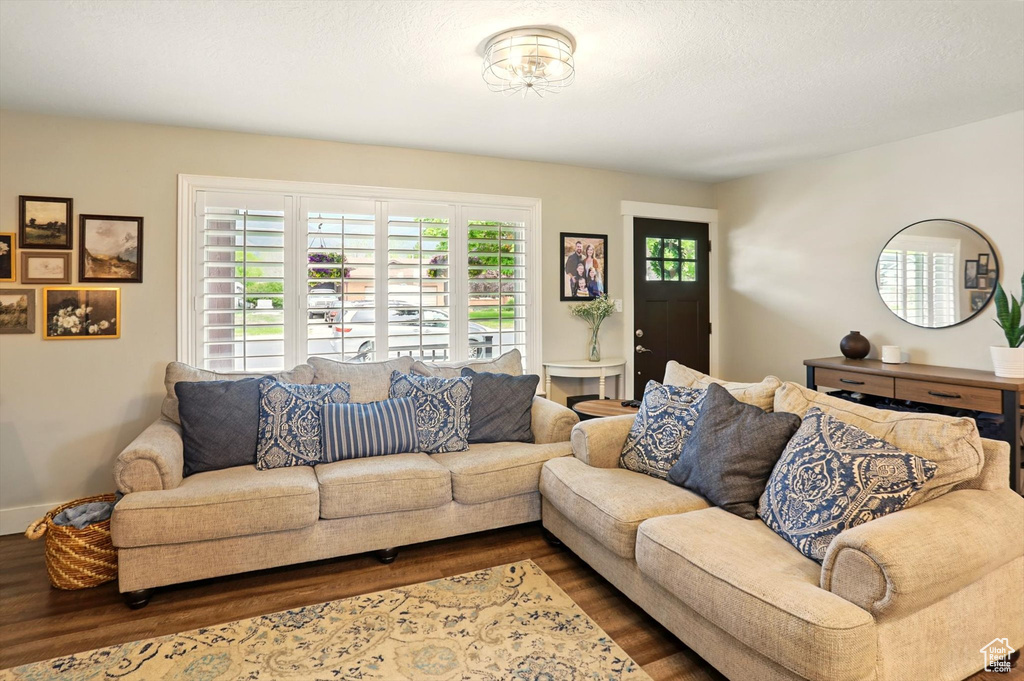 Living area featuring dark wood-style flooring