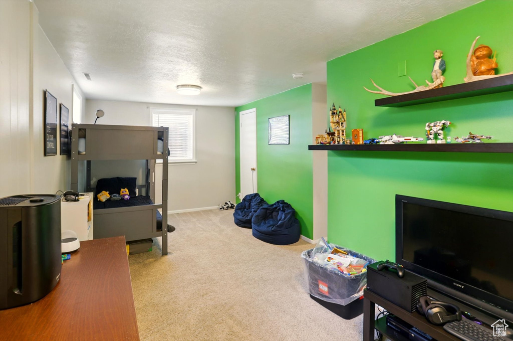 Recreation room with carpet flooring, a textured ceiling, and baseboards