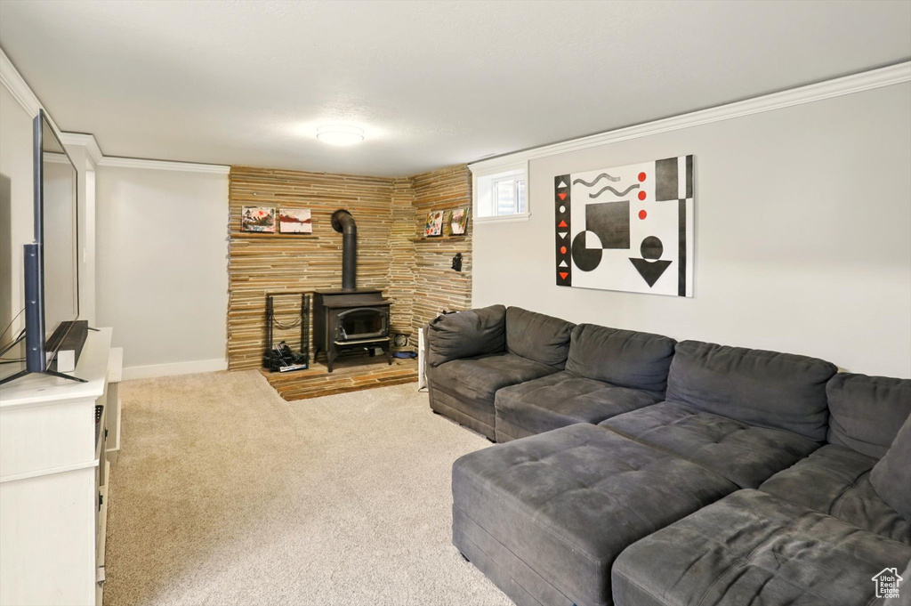 Carpeted living room featuring a wood stove, ornamental molding, and baseboards