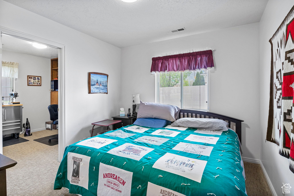 Bedroom featuring carpet flooring, baseboards, and visible vents