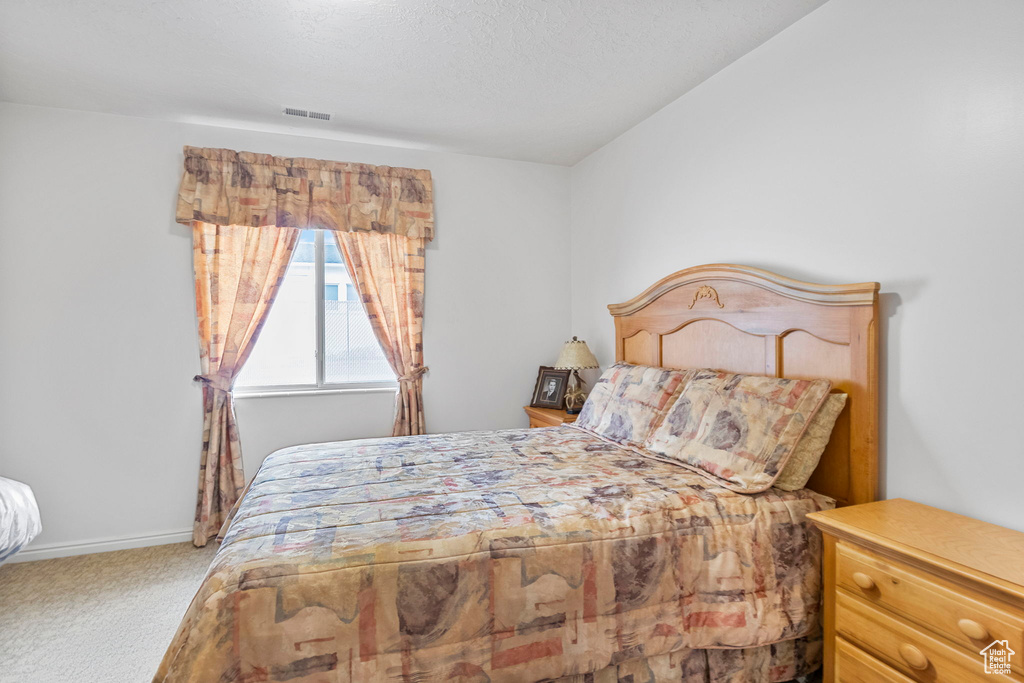 Carpeted bedroom with baseboards, lofted ceiling, and visible vents