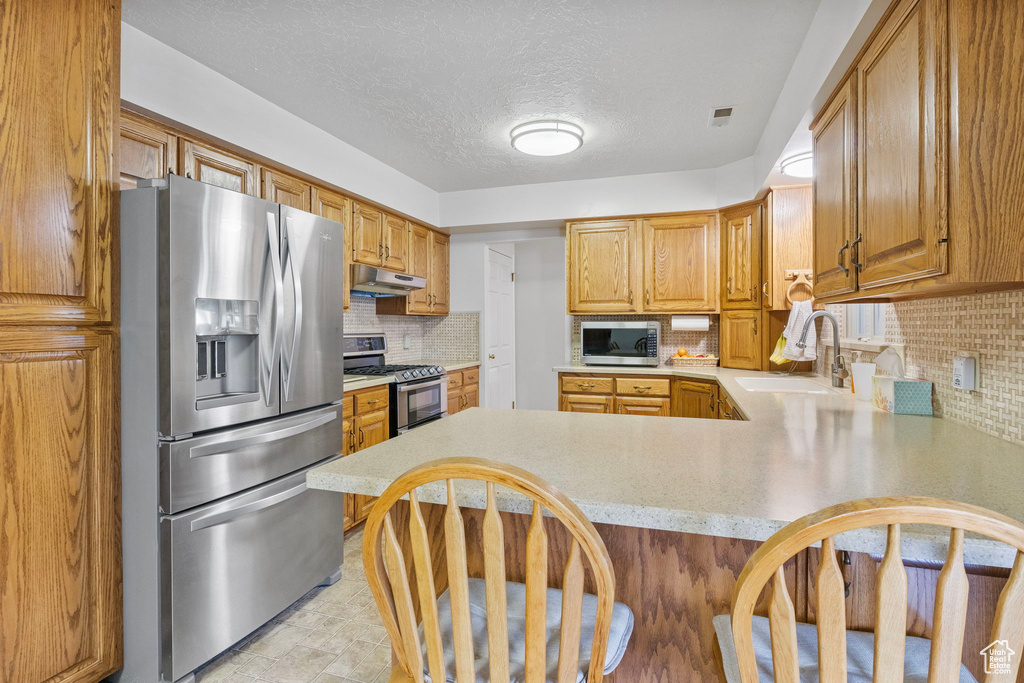 Kitchen with a sink, a peninsula, stainless steel appliances, under cabinet range hood, and light countertops