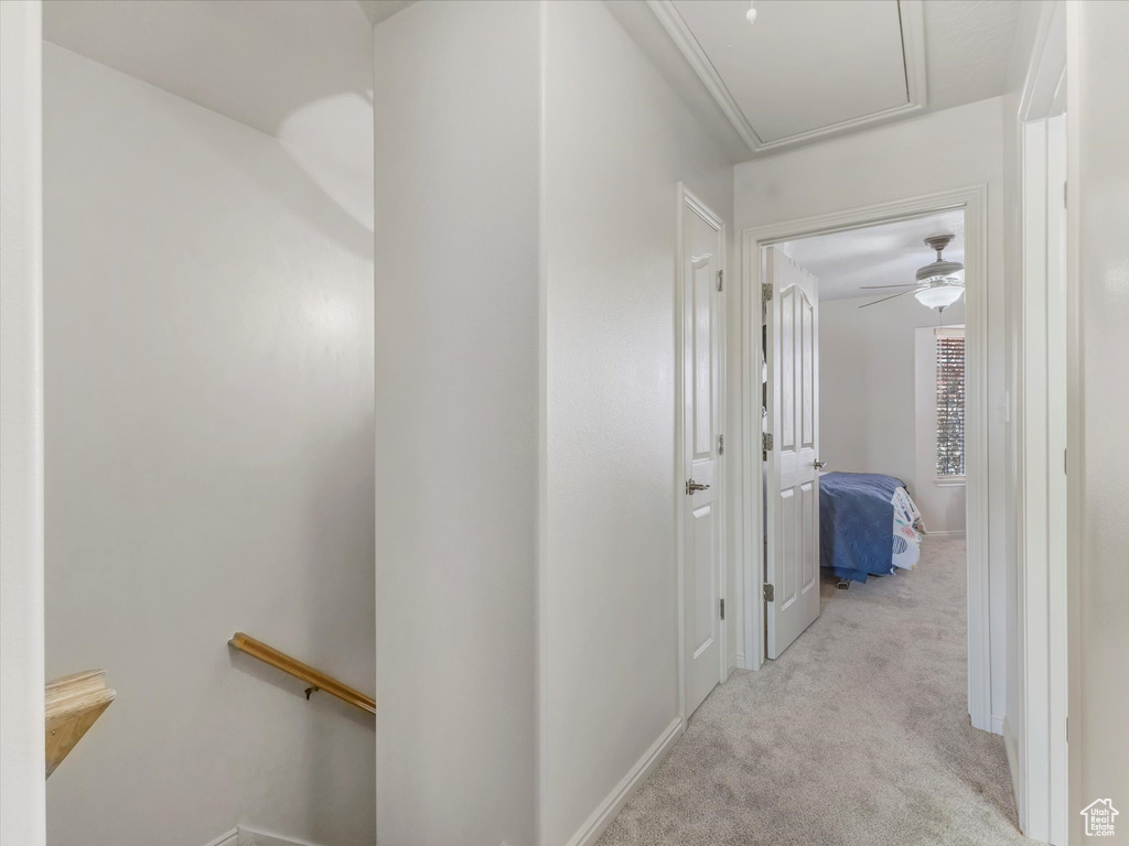 Hallway featuring attic access, an upstairs landing, and carpet floors