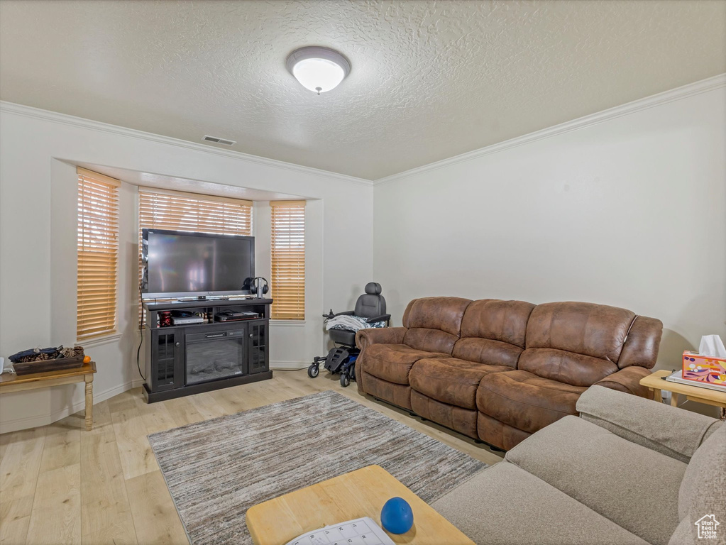 Living area featuring wood finished floors, ornamental molding, a textured ceiling, visible vents, and baseboards
