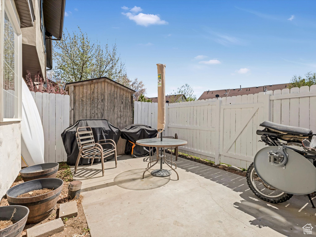 View of patio / terrace with a fenced backyard, a grill, a storage unit, and an outbuilding