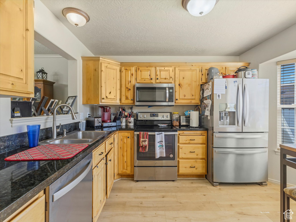 Kitchen featuring light wood finished floors, light brown cabinetry, a sink, dark countertops, and stainless steel appliances