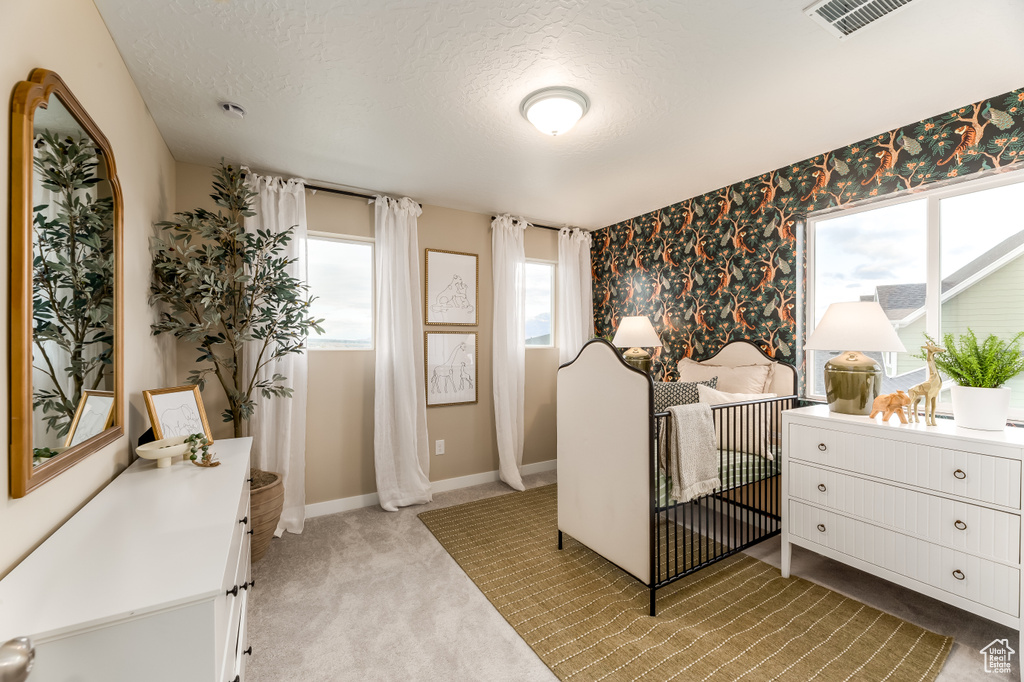 Bedroom featuring a textured ceiling, light carpet, baseboards, and visible vents