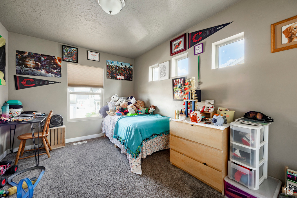 Carpeted bedroom featuring a textured ceiling, visible vents, and baseboards