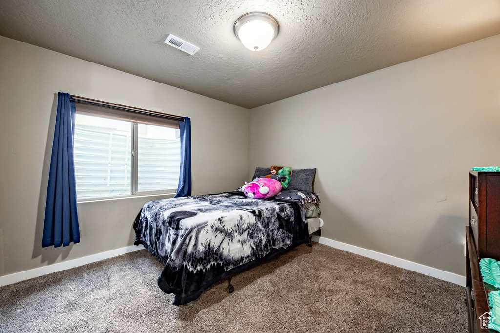Carpeted bedroom with a textured ceiling, baseboards, and visible vents