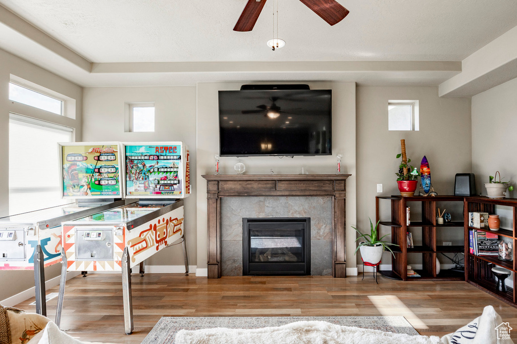 Interior space featuring ceiling fan, baseboards, a high end fireplace, and wood finished floors
