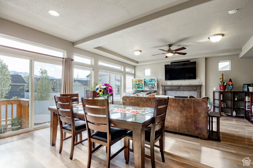 Dining area with a fireplace, light wood-style flooring, and a textured ceiling
