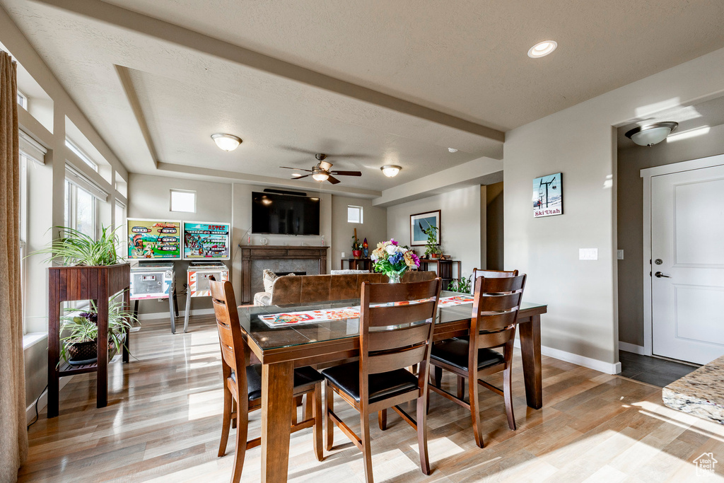 Dining room featuring light wood finished floors, a fireplace, baseboards, ceiling fan, and recessed lighting