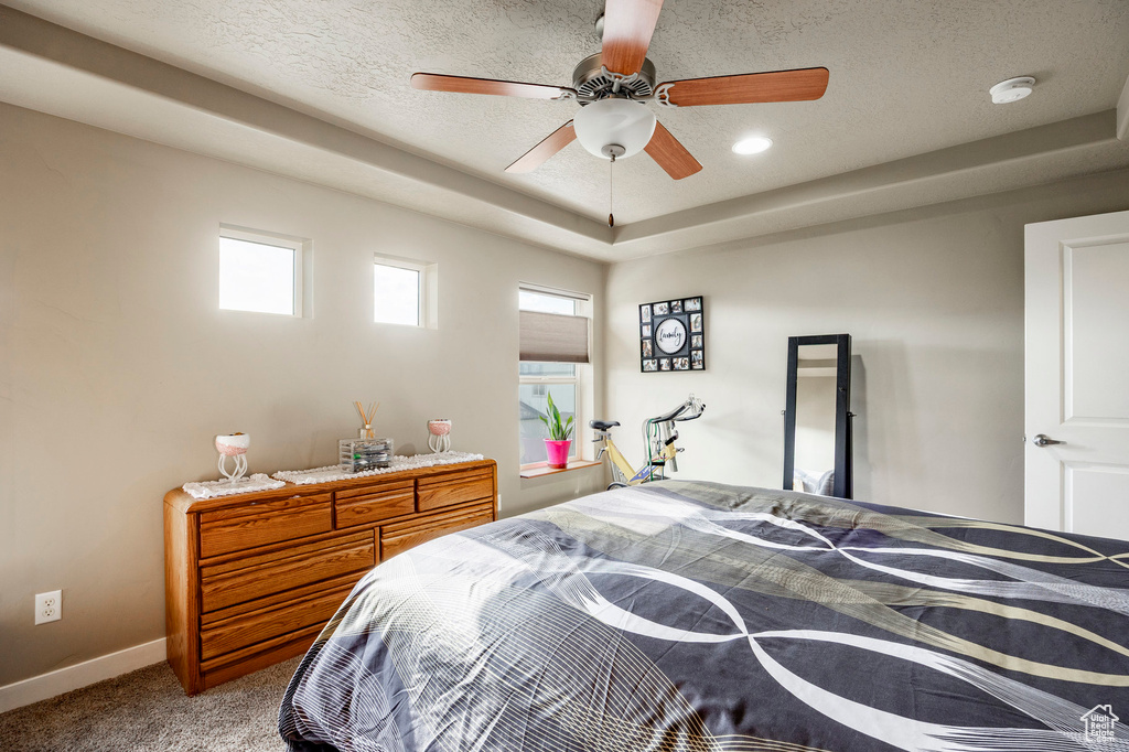 Carpeted bedroom with a raised ceiling, a textured ceiling, baseboards, and a ceiling fan