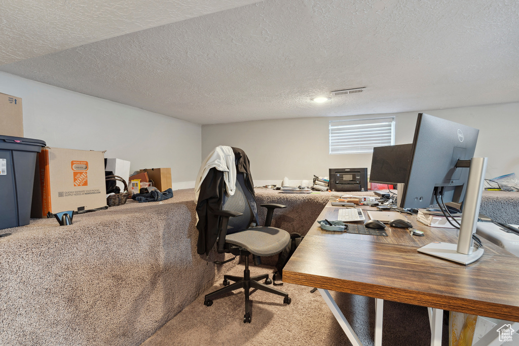 Carpeted office with a textured ceiling and visible vents