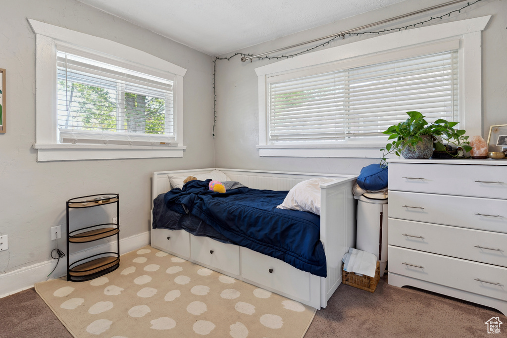 Carpeted bedroom with baseboards and multiple windows