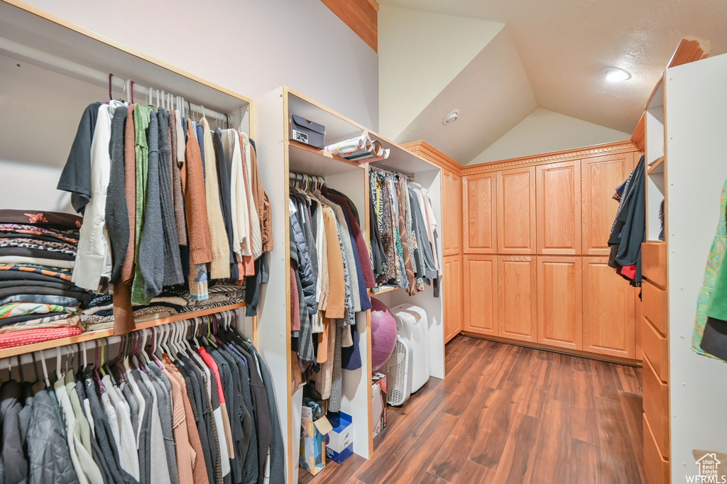 Spacious closet featuring lofted ceiling and wood finished floors